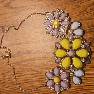 Chunky Floral Necklace with lavender, light blue & yellow green petals.